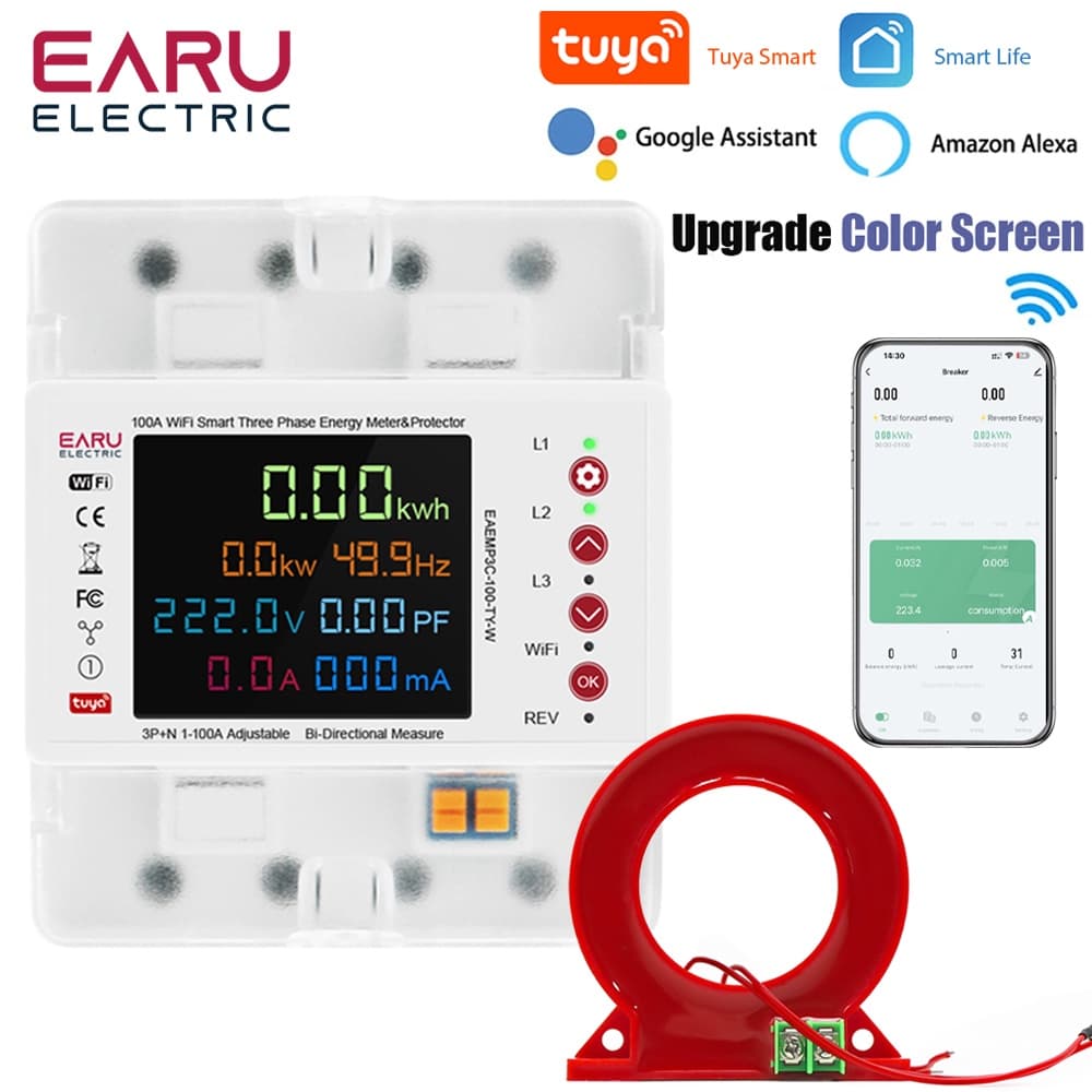 قاطع كهرباء ذكي EARU ثلاثي الطور 100 أمبير بشاشة ملونة