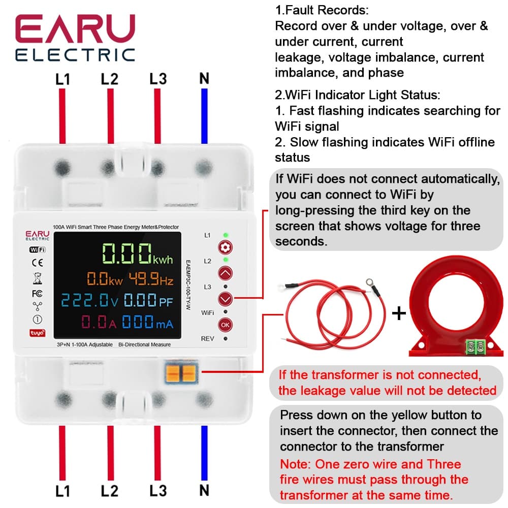 قاطع كهرباء ذكي EARU ثلاثي الطور 100 أمبير بشاشة ملونة